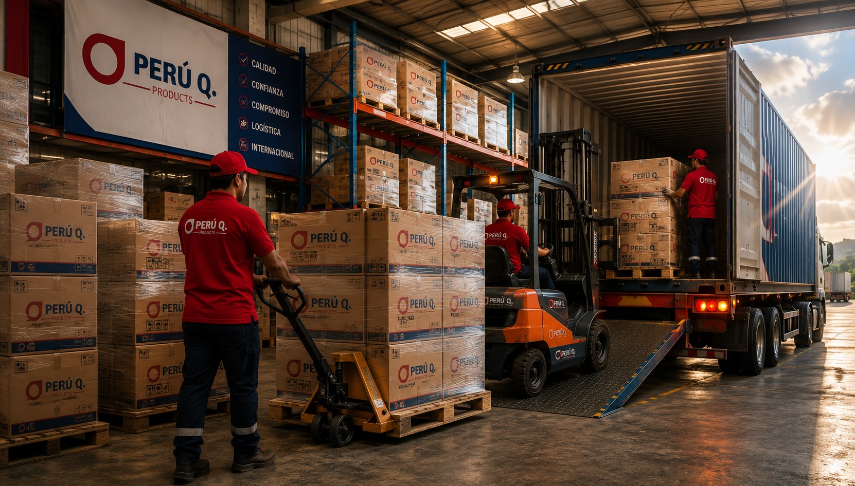 Contenedor de exportación Perú Q. Products cargado con productos peruanos